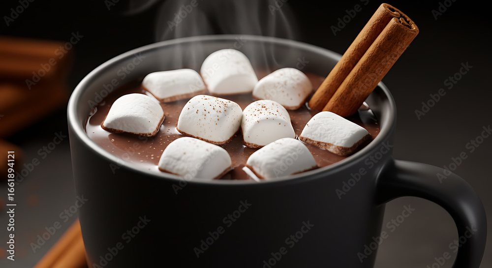 © Thiago - A steaming mug of hot chocolate topped with marshmallows and garnished with cinnamon sticks for warmth.