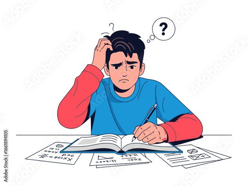 Confused Student in Study: A student sits at a desk, immersed in study, but a cloud of confusion hangs overhead, visualized through a thought bubble, while papers and books surround.