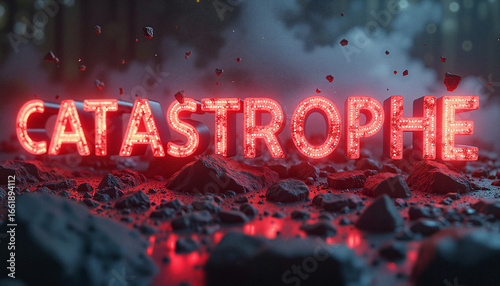 Neon catastrophe sign on rocky ground

