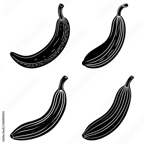 Four stylized black and white bananas arranged in a square pattern on a white background