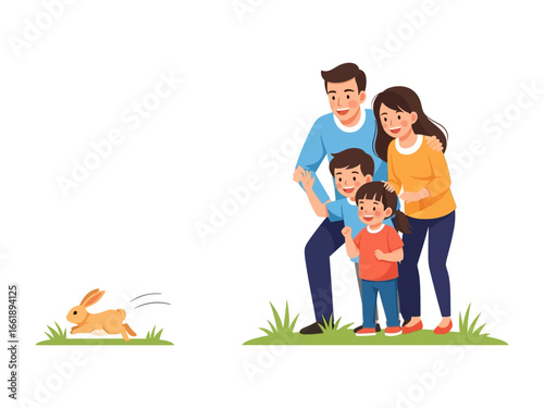 Family's Surprise: A family of four witnesses a rabbit hopping by with smiles on their faces, A vibrant display of familial delight, highlighting the close bond between parents and children.