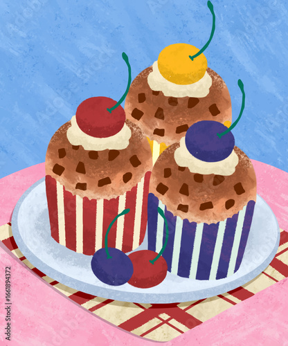 Sweet Cupcakes: A colorful illustration of three delectable cupcakes, adorned with vibrant cherries, offering a visual feast of dessert perfection.