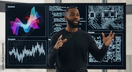A man with a beard, wearing a black shirt and lavalier mic, gestures while presenting in front of a large screen displaying abstract waveforms, code, data graphs, and a circuit board diagram.