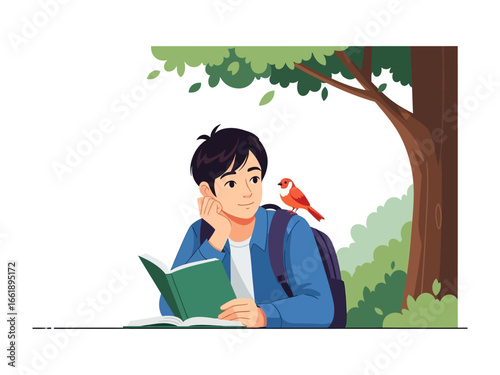 Contemplative Young Reader Under a Tree: A serene scene unfolds as a young individual engrossed in a book, a tranquil escape, is accompanied by a friendly bird perched atop their shoulder.