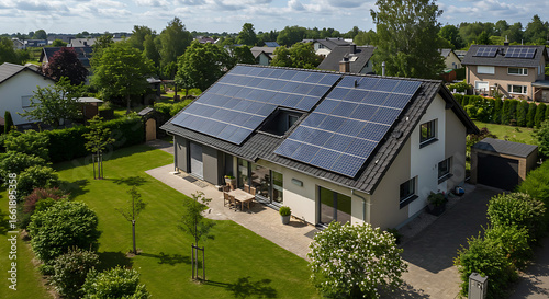 Aerial view of a modern home with solar panels on the roof, surrounded by green lawn and gardens.