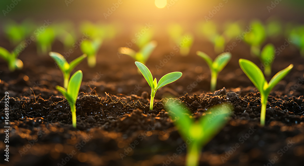Fototapeta premium Rows of young seedlings emerge from rich soil, bathed in the warm glow of the setting sun. Growing.
