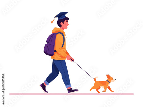 Graduation stroll with Dog: A graduate, donned in a cap and backpack, takes a leisurely walk with his canine companion. A heartwarming image depicting student life and companionship.