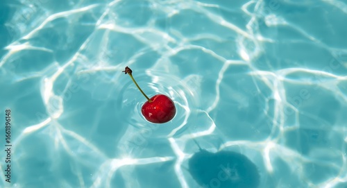 Cherry in Clear Blue Water Summer Refreshment and Abstract Reflections, Ripples.