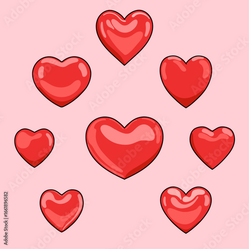 Red Heart Icon Set Collection. Vector Illustration of 3D Shiny, Perfect and Glowy Hearts in Different Shapes on Pink Background