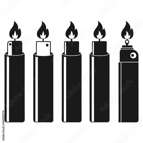 Set of five black silhouette lighters with flames on white background