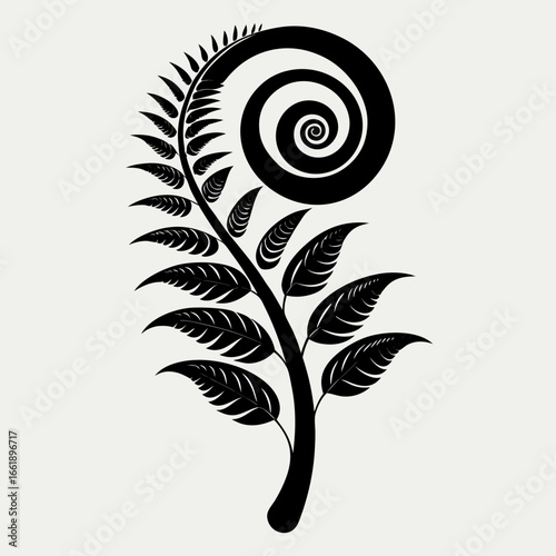Black spiral fern frond with leaves on a light background