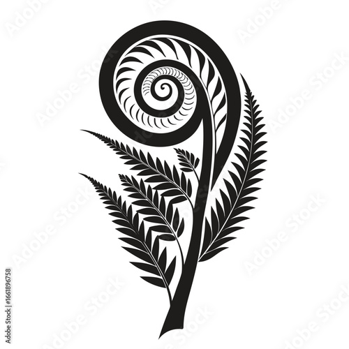 Black and white stylized fern frond with a spiral unfurling