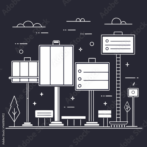 Modern minimalist line art illustration of street signs and benches