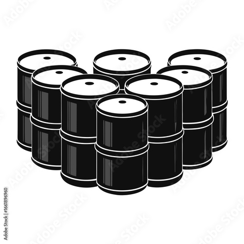Group of black oil barrels stacked in a formation