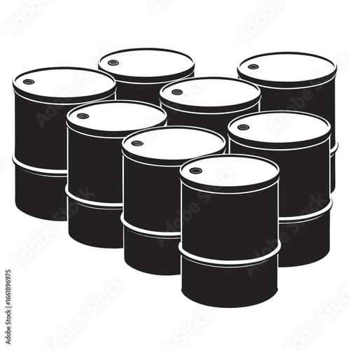 Group of black oil barrels on a white background