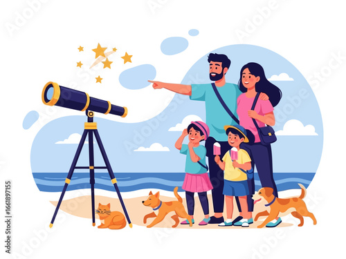 Stargazing Family: A loving family, with their furry companions, gathers under a night sky, pointing towards twinkling stars through the lens of a large telescope.