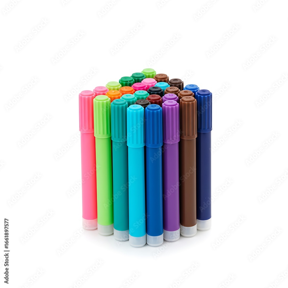 Fototapeta premium pack of markers for students, colorful caps, isolated on white background