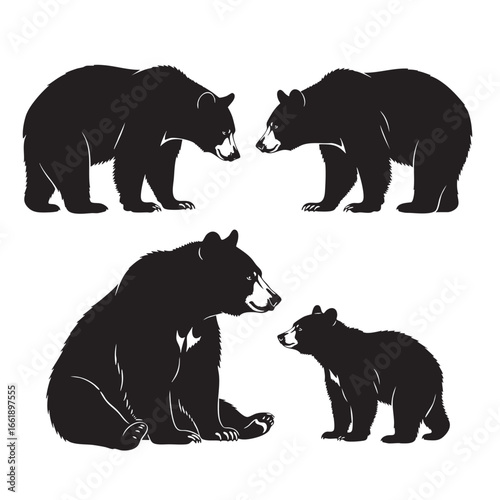 Silhouette Illustrations of Two Adult Black Bears and Two Cubs on a White Background grizzly bear