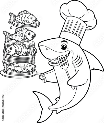Funny cartoon shark chef serving a stack of fish pancakes. Vector line art illustration for a children's coloring book page or menu.