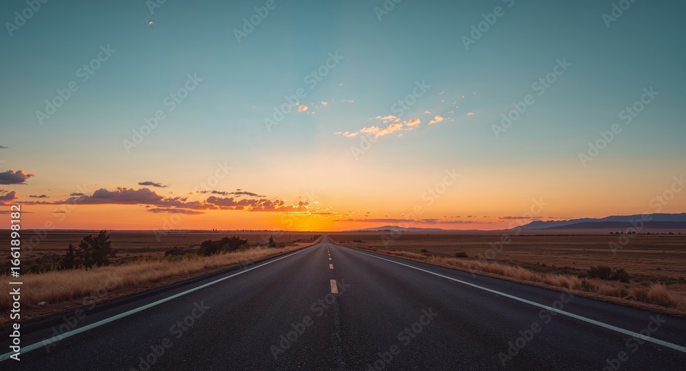 Naklejka premium Endless Road Ahead. A Captivating Sunset Landscape, Embracing Freedom and Adventure