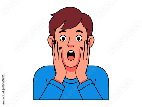 Startled: A simple and captivating illustration of a person's face showing the intense emotion of shock and disbelief, with hands on cheeks expressing genuine surprise.