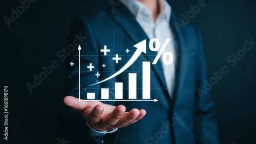 Businessman Presenting a Digital Bar Chart Showing an Increase in Financial Profit and Growth Rate
