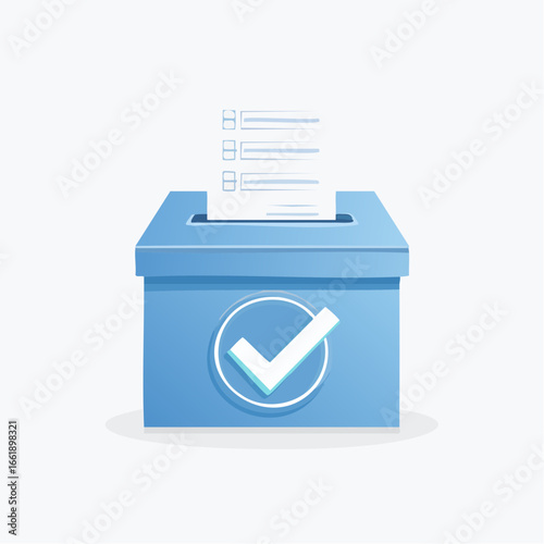 A blue ballot box with a checkmark logo and papers inside, ready for voting.