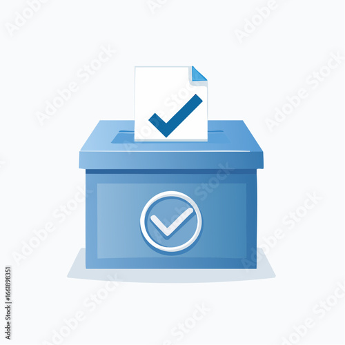 Illustration of a blue ballot box with a checkmark on a ballot being inserted.