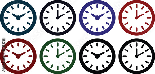 Eight colorful oval clocks showing different times on a white background