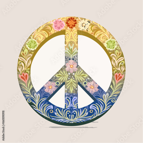 Ornate peace symbol illustration featuring floral and swirling designs in a gradient of colors.