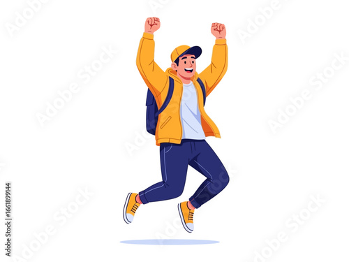 Joyful Leap of Freedom: A young individual in a stylish jacket and backpack leaps high in the air with arms raised in pure glee. Celebrating a moment of unbridled happiness and triumph.