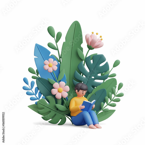 A 3D cartoon of a person reading a book surrounded by lush tropical plants and flowers.