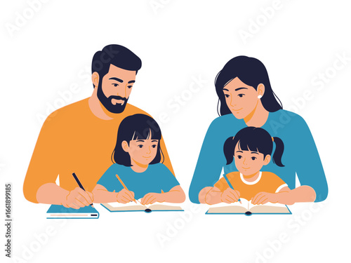 Family Study Together: A heart warming illustration of a family, parents and their children, engrossed in a study session, highlighting the values of education and quality family time.