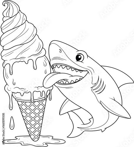 A funny cartoon shark happily licking a giant, melting ice cream cone. A black and white line art illustration, perfect for a children's summer coloring page or a dessert menu.
