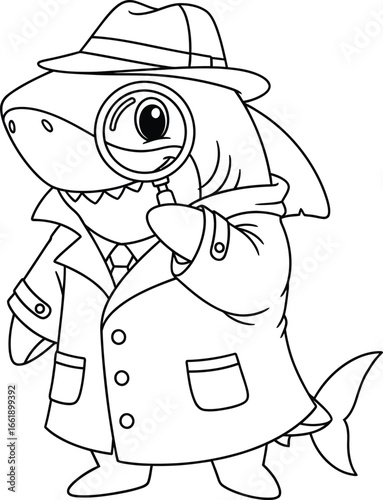 A cute cartoon shark playing detective in a trench coat and hat, looking through a magnifying glass. A black and white line art illustration for a children's coloring page.