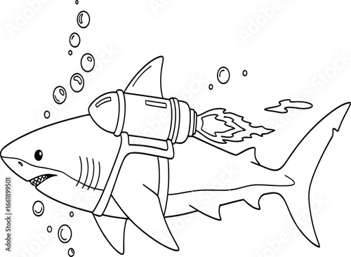 A funny cartoon shark flying underwater with a rocket jetpack. A black and white line art illustration for a children's coloring page about technology and sea animals.