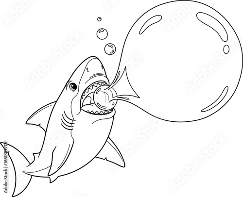 A funny cartoon shark blowing a huge bubble. A black and white line art illustration with a blank speech bubble for text, perfect for coloring pages, comics, or creative designs.