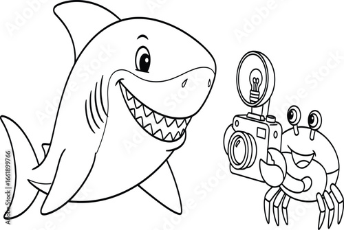 A cute cartoon crab photographer with a camera takes a picture of a big smiling shark. Black and white line art illustration for a children's coloring page or book about sea animals.