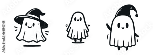 Whimsical trio of cartoon ghosts with witch and Santa hats in monochrome sketch style on transparent background, vector
