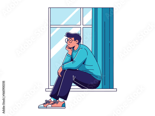 Contemplative Reflection by The Window: A thoughtful individual gazes outward through a window, lost in deep contemplation, framed by a soft light, embodying a sense of tranquility and introspection.