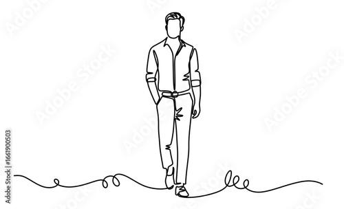 Continuous line art of a young and handsome man in a business suit walking with his hands in his pockets. concept of going to work or coming home from work
