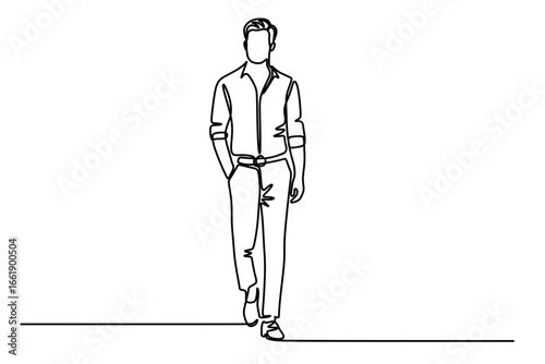 Continuous line art of a young and handsome man in a business suit walking with his hands in his pockets. concept of going to work or coming home from work