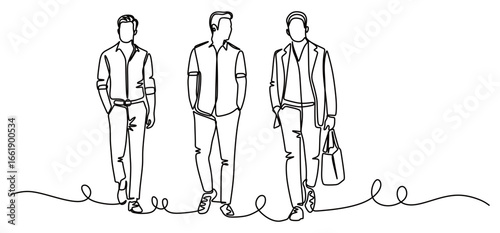 continuous line art of three people in business suits walking and chatting with bags in their hands. coworkers. concept of going to work or coming home from work