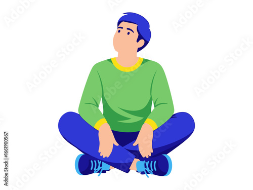 Serene Contemplation: An illustrated individual in a seated position gazes upward, symbolizing mindfulness and introspective reflection. 