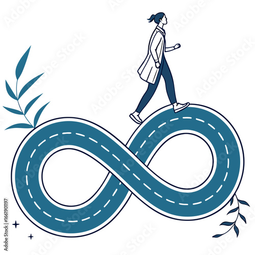 Vector art of a woman walks on an infinity road, symbolizing endless possibilities and continuous journey