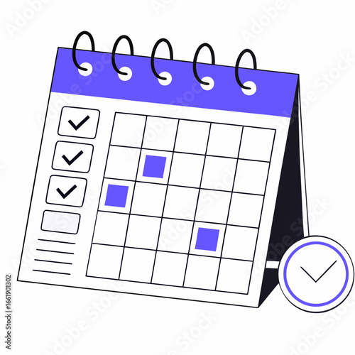 Vector art of calendar with check marks and clock for planning and scheduling events and appointments