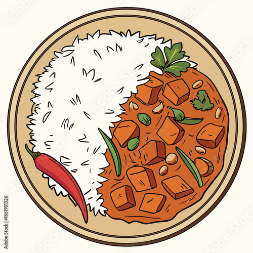 Vector art of delicious paneer butter masala with rice, a popular and flavorful indian dish, served on a plate with chili pepper