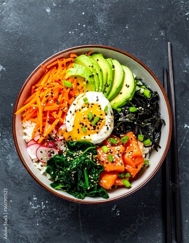 Colorful bowl of rice, fish, vegetables, and egg