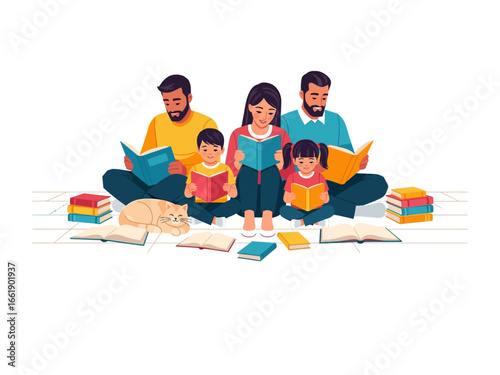 Family Reading Together: An idyllic depiction of a family immersed in the world of books, fostering a sense of togetherness and shared knowledge through literature. 