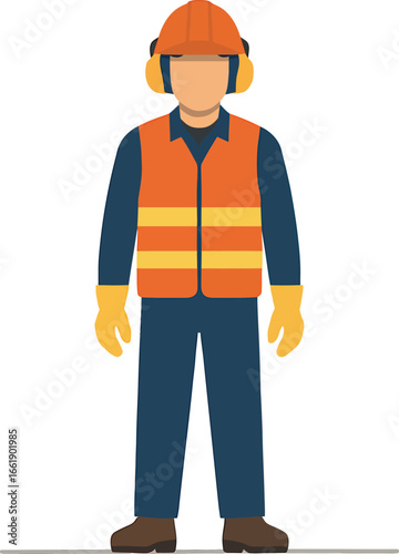 Construction worker wearing safety gear and highvisibility vest.